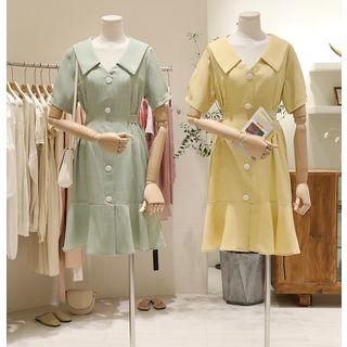 Short-sleeve V-neck Collar Plain Dress