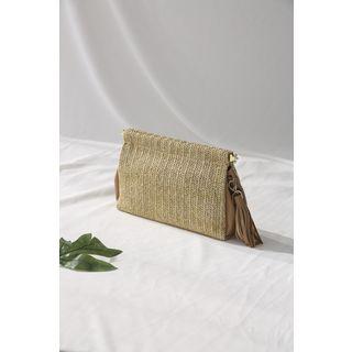 Tasseled Rattan Frame Clutch Beige - One Size
