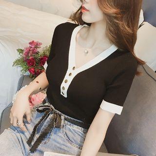 Contrast Trim Short-sleeve Half-button Knit Top