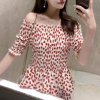 Elbow-sleeve Off Shoulder Patterned Midi Tiered Dress