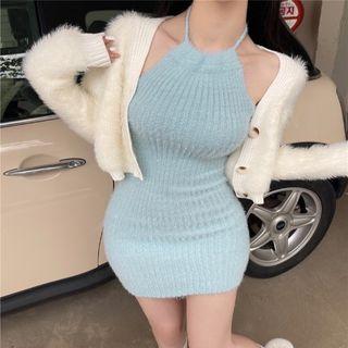 Halter Fluffy Knit Tank Dress / Fluffy Cardigan