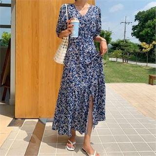 V-neck Frilled-hem Maxi Floral Dress