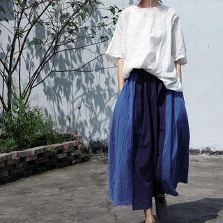 Paneled Linen Midi A-line Skirt Navy Blue - One Size