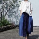 Paneled Linen Midi A-line Skirt Navy Blue - One Size