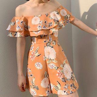 Off-shoulder Flower Print Ruffle A-line Dress