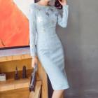 Sequined Star Long-sleeve Faux Suede Sheath Dress
