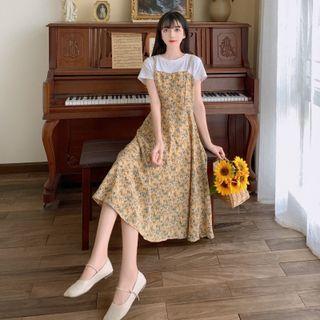 Mock Two-piece Floral Midi A-line Dress