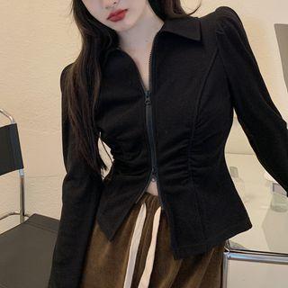 Long-sleeve Shirred Zip Polo Shirt