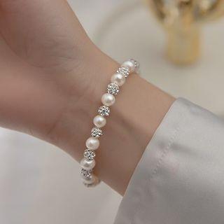 Faux Pearl Rhinestone Sterling Silver Bracelet 1pc - Gold & White - One Size