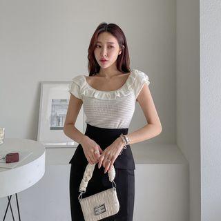 Cap-sleeve Ruffled Perforated Knit Top