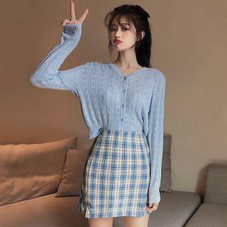 Perforated Cardigan / Plaid Mini A-line Skirt