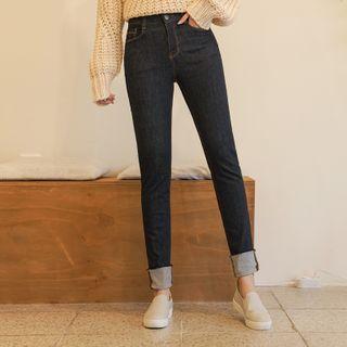 Rollup-hem Stitched Straight-cut Jeans