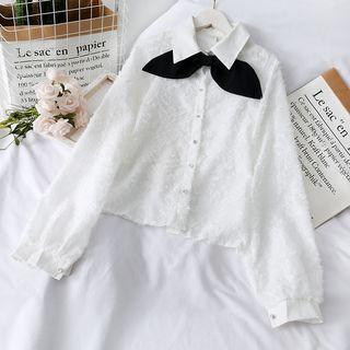 Ribbon-neckline Loose-fit Fringed Shirt