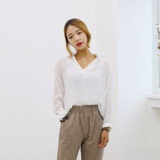 Collared Long-sleeve Open-placket Top