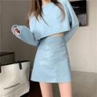 Lace-back Cropped Knit Top / Mini A-line Faux Leather Skirt