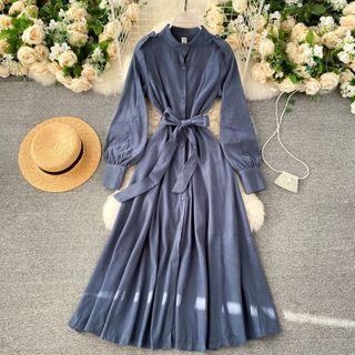 Small Stand-collar Single-breasted Puff-sleeve Dress