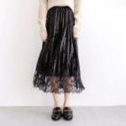 Velvet Lace Panel Pleated Midi Skirt