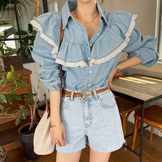 Laced Ruffled Denim Shirt Light Blue - One Size