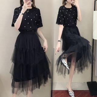 Set: Short-sleeve Dotted T-shirt + Midi Mesh Skirt