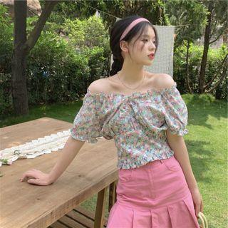 Short-sleeve Floral Print Off-shoulder Blouse Blue & Pink - One Size