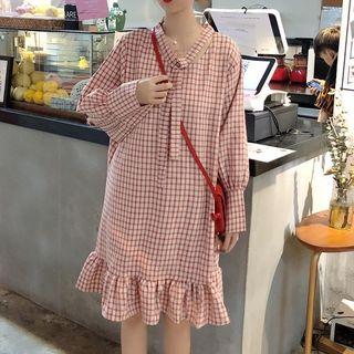 Long-sleeve Bow Accent Plaid Dress