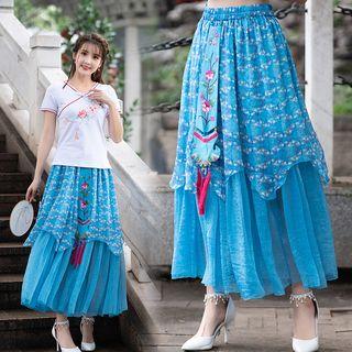 Floral-pattern Midi Layered Skirt As Shown In Figure - One Size