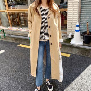 Raglan Hidden-button Long Mac Coat With Sash Beige - One Size