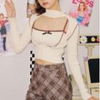 Set: Long-sleeve High-neck Contrast-trim Cut-out Top + Sleeveless Contrast-trim Bow Top
