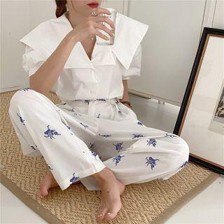V-neck Collar Puff Short-sleeve Top