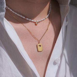 Heart Tag Pendant Stainless Steel Necklace / Rhinestone Pendant Faux Pearl Choker
