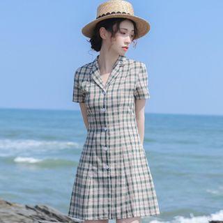 Short-sleeve Plaid Open-collar A-line Mini Shirtdress