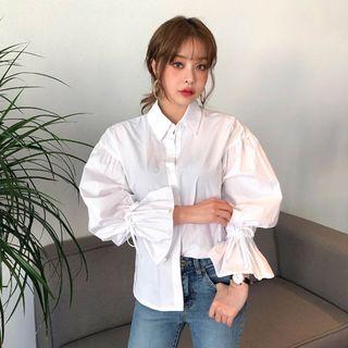 Flounced Balloon-sleeve Cotton Blouse