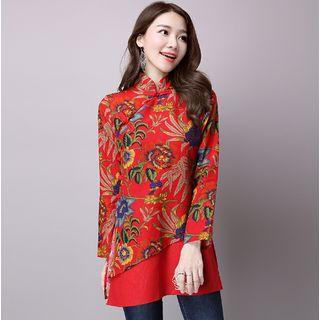 Floral Print Mandarin Collar Long Sleeve Top