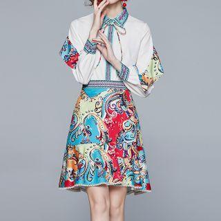 Set: Print Panel Bow-neck Blouse + Faux Pearl Midi A-line Skirt