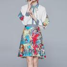 Set: Print Panel Bow-neck Blouse + Faux Pearl Midi A-line Skirt