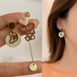 Heart Bear Asymmetrical Alloy Dangle Earring 1 Pair - Brown & Beige - One Size