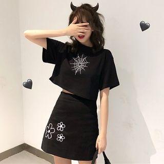 Set: Short-sleeve Embroidered Crop Top + Mini A-line Skirt