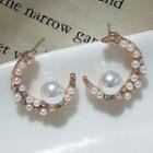 Faux Pearl Moon Stud Earring 1 Pair - 925 Silver Earrings - Rose Gold & White - One Size