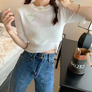 Short-sleeve Heart Embroidered Knit Top White - One Size