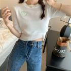 Short-sleeve Heart Embroidered Knit Top White - One Size