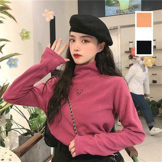 Cat Printed Mock-neck Long-sleeve Top