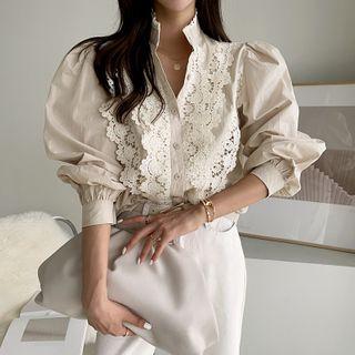 Lace-trim Button-up Blouse Light Beige - One Size