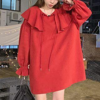 Flared-cuff Ruffled Knit Dress