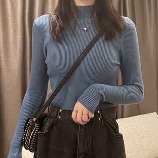 Semi Turtleneck Plain Slim Fit Ribbed Sweater