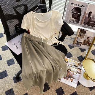 Short-sleeve Drawstring Slim-fit Top / Plain A-line Skirt