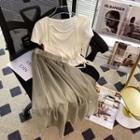 Short-sleeve Drawstring Slim-fit Top / Plain A-line Skirt