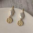 Beaded Disc Drop Earring 1 Pair - 1160 - Random Faux Pearl - Gold - One Size