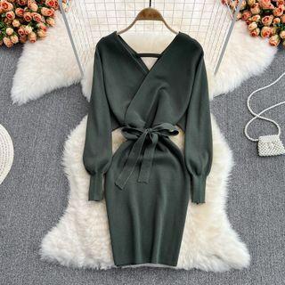 Long-sleeve V-neck Tie-waist Knit Sheath Dress