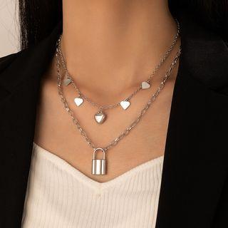 Layered Heart Charm Necklace 15464 - Silver - One Size