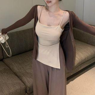 Slit Camisole Top / Cardigan / High Waist Wide Leg Pants